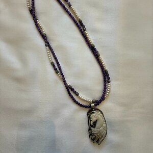 Amethyst & Acoya Pearl Necklace w/ Carved Bone Horse Head 28 Inches in length